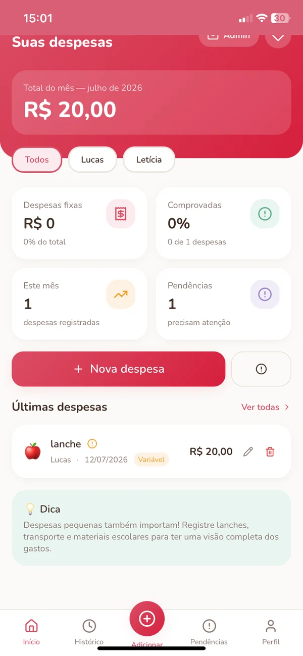 Tela inicial de organização de despesas do aplicativo MãeCuida