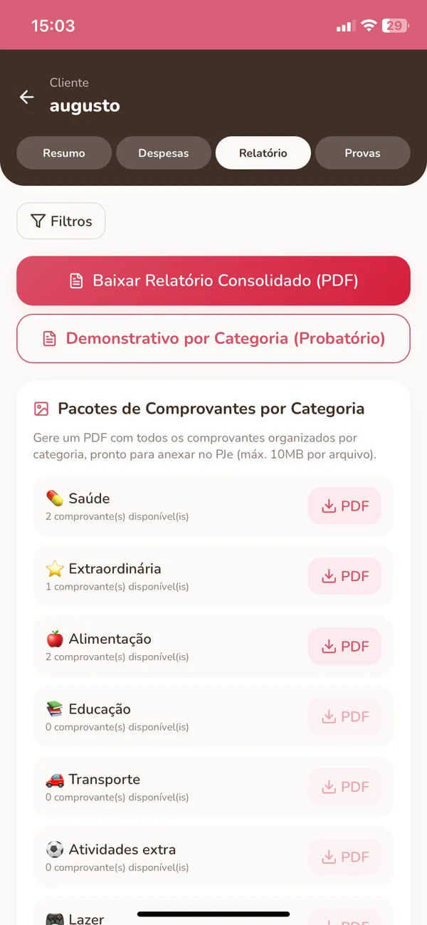 Tela de relatórios e comprovantes do aplicativo MãeCuida